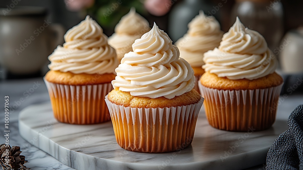 Four vanilla cupcakes with swirl frosting on a marble platter. Four vanilla cupcakes with swirl frosting on a marble platter.