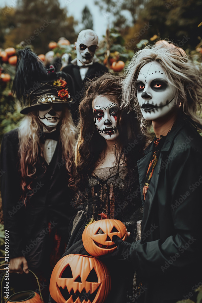 Young people wearing Halloween costumes, dressed for a halloween party. Friends with scary make up and disguise having fun. Young people wearing Halloween costumes, dressed for a halloween party. Friends with scary make up and disguise having fun.