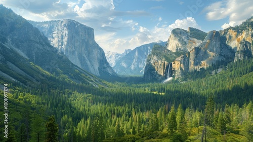 Mountain lake with forest reflection and scenic peaks 