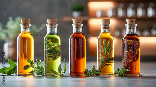 Vibrant glass bottles filled with organic oils showcase variety of colors and herbs, creating visually appealing display. natural elements evoke sense of freshness and wellness