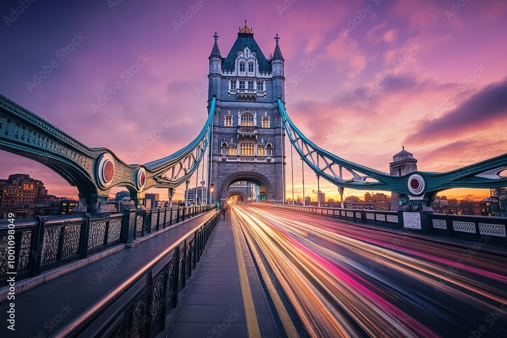 Fototapeta premium Iconic Tower Bridge at sunset with blurred traffic