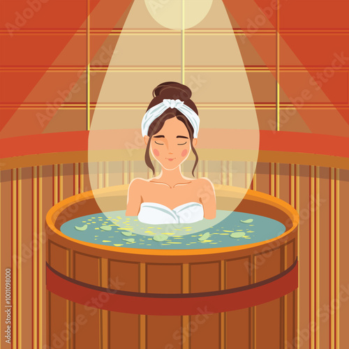 The girl in the sauna. Spa in an oak barrel