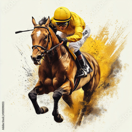 Illustration of a jockey riding a racehorse, created in a dynamic style with splashes of yellow and black paint, emphasizing the movement and energy of the race