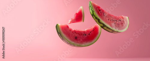 Beautiful backdrop with fresh watermelon slices on bright pastel pink background, advertisement style of flying fruit photo