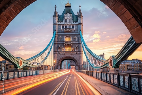 Iconic tower bridge with colorful lighting and traffic trails
