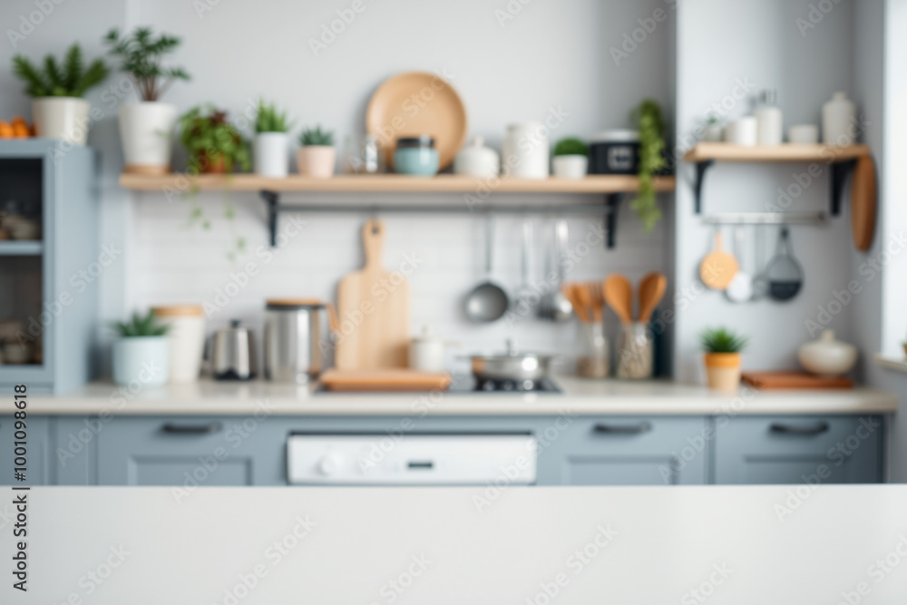 Blurred Modern Kitchen with Countertop.generative AI Blurred Modern Kitchen with Countertop.generative AI