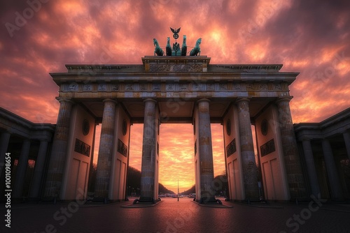 Dramatic sunset over the brandenburg gate in berlin