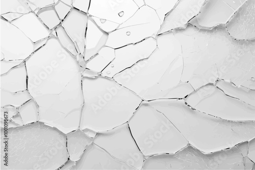 Broken glass texture with transparent background, vector illustration. Shattered and cracked surface with jagged edges, scattered pieces, and realistic damage.