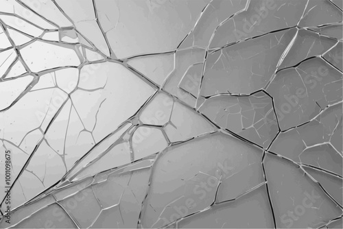 Broken glass texture with transparent background, vector illustration. Shattered and cracked surface with jagged edges, scattered pieces, and realistic damage.