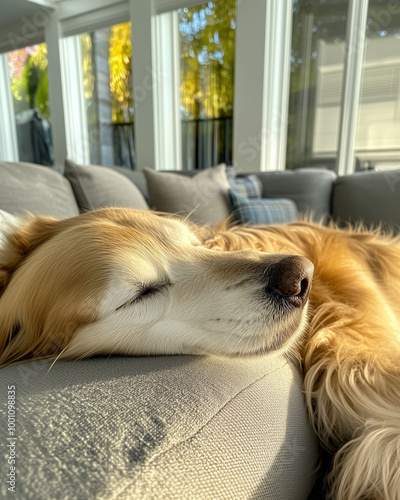 A golden retriever rests qu...