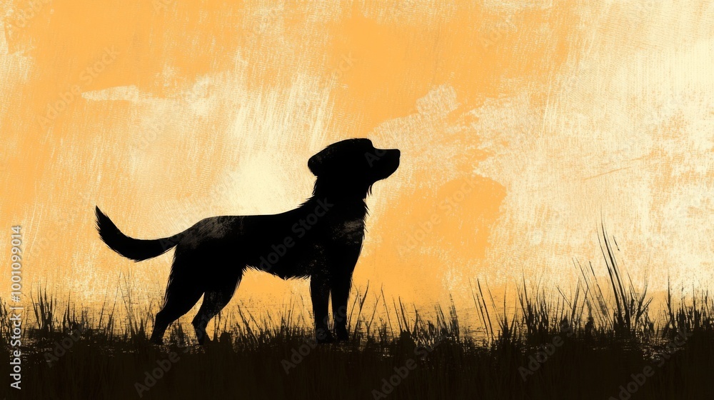 The image depicts the silhouette of a dog standing in a grassy field, with a textured yellow-orange sunset sky in the background, evoking feelings of serenity and contemplation. The image depicts the silhouette of a dog standing in a grassy field, with a textured yellow-orange sunset sky in the background, evoking feelings of serenity and contemplation.