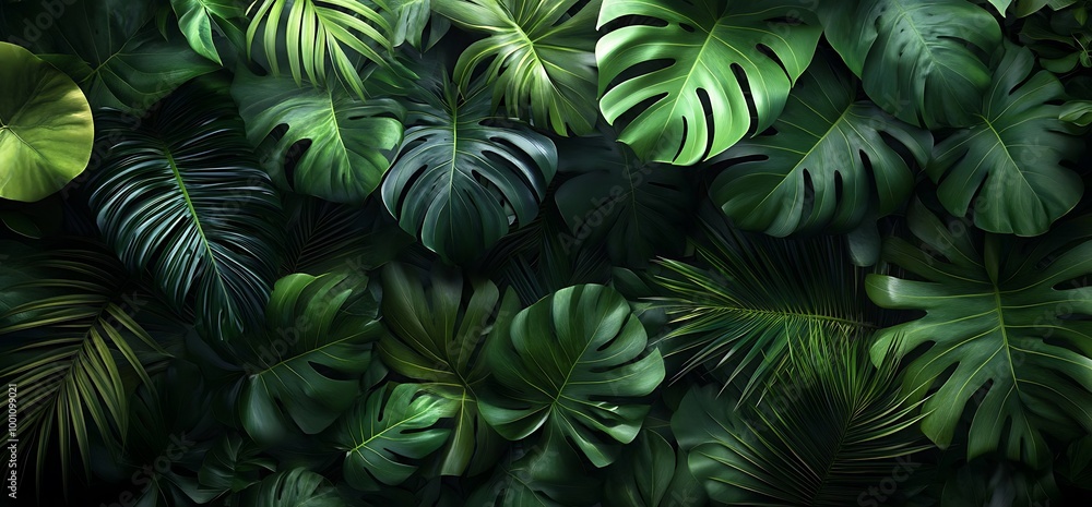 Lush green tropical leaves create a dense and vibrant background. Lush green tropical leaves create a dense and vibrant background.