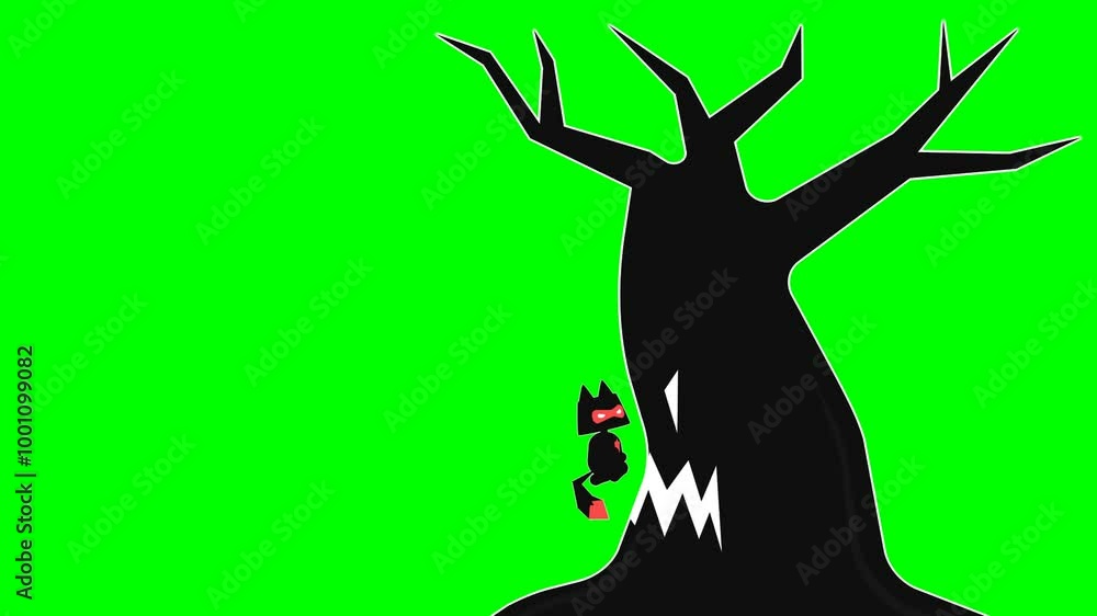 2d animated character of A cat dressed as Batman stands up in flight and slams himself into a scary black tree . in green screen background chroma key. 2d animated character of A cat dressed as Batman stands up in flight and slams himself into a scary black tree . in green screen background chroma key.