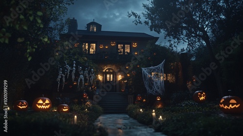 A wide shot of a house decorated with spooky Halloween items.
