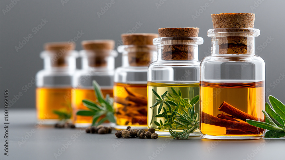 A vibrant display of essential oils in glass bottles, showcasing natural ingredients like herbs and spices. arrangement highlights beauty of natures flavors and aromas A vibrant display of essential oils in glass bottles, showcasing natural ingredients like herbs and spices. arrangement highlights beauty of natures flavors and aromas