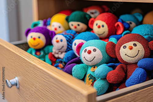 colorful handmade sock monkeys crowded in an open drawer photo