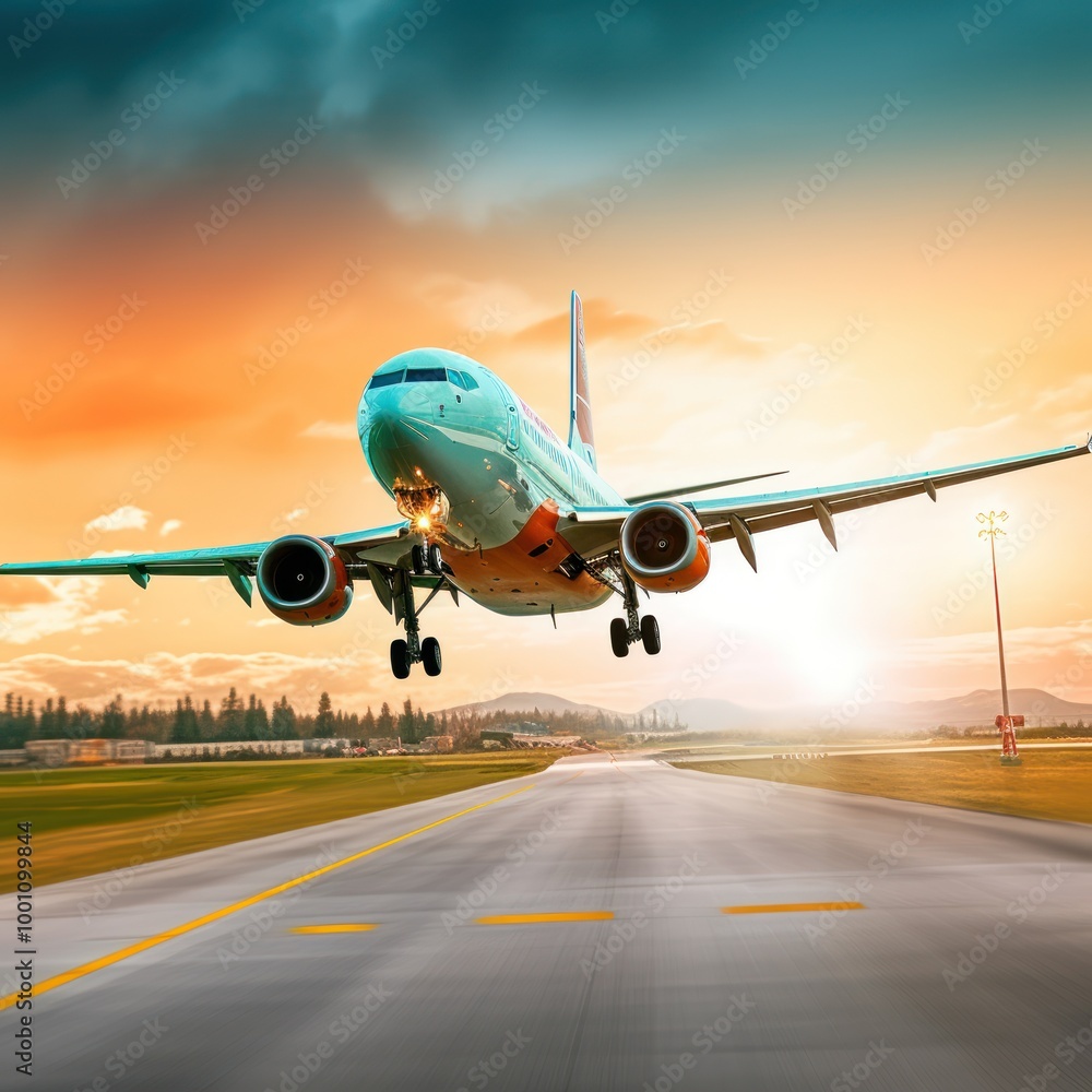 Naklejka premium Airplane Landing on Runway at Sunset
