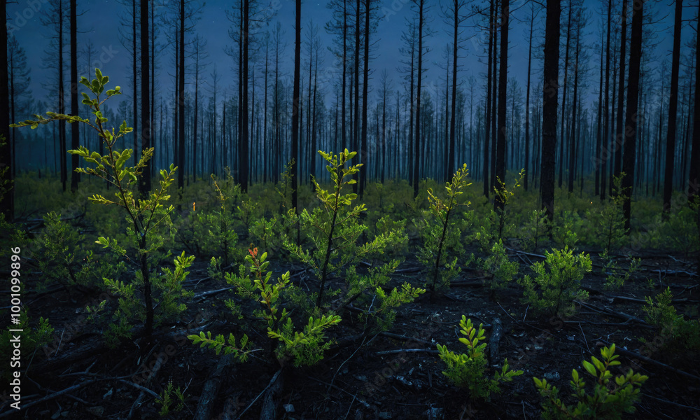 Obraz premium New life emerges in a forest after a wildfire, with young saplings pushing through the charred ground