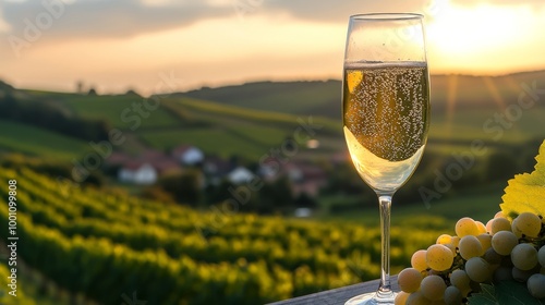 A glass of sparkling wine perched on a ledge with a lush vineyard in the background, basking in the warm glow of a beautiful sunset over a serene countryside landscape.