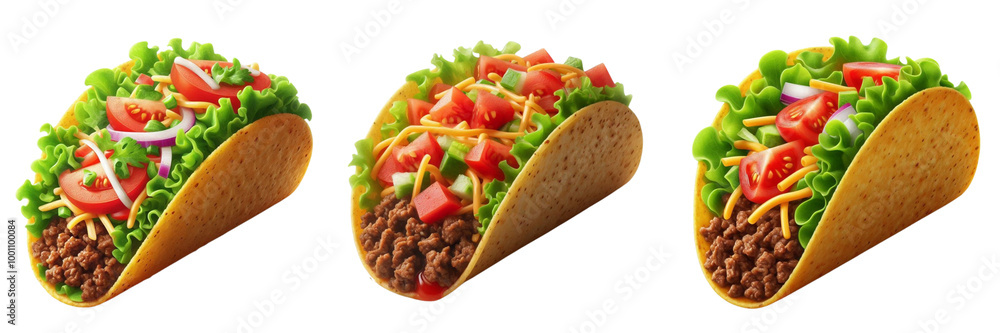 Taco filled with seasoned beef, lettuce, tomatoes, and cheese. Three PNG images Isolated on white or transparent background Taco filled with seasoned beef, lettuce, tomatoes, and cheese. Three PNG images Isolated on white or transparent background