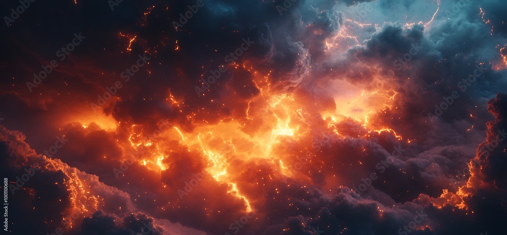 Fiery orange and blue clouds illuminate the sky. Fiery orange and blue clouds illuminate the sky.