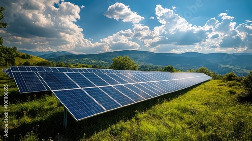 A sprawling solar cell farm with endless rows of panels, set against a realistic background of natural beauty with clouds and distant hills