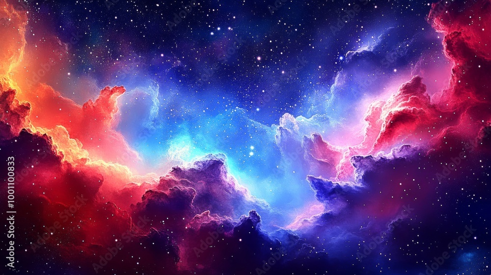 Fototapeta premium This image features a vibrant and colorful cosmic nebula, showcasing a stunning array of red, blue, and purple clouds of gas and dust against a star-filled backdrop.