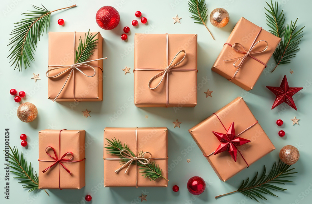 Gifts wrapped in craft paper tied with ribbon and Christmas decorations. Top view Gifts wrapped in craft paper tied with ribbon and Christmas decorations. Top view