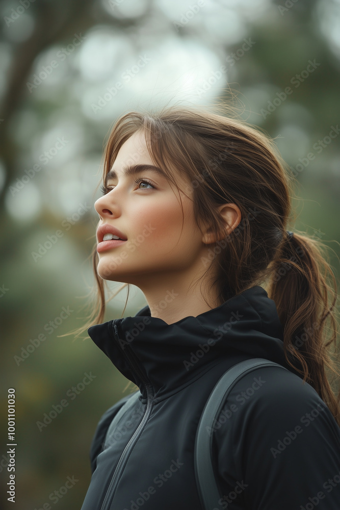 A woman in athletic gear stands in a forest surrounded by green trees, exuding calmness and focus on self-care, with an atmosphere of tranquility and connection to nature. A woman in athletic gear stands in a forest surrounded by green trees, exuding calmness and focus on self-care, with an atmosphere of tranquility and connection to nature.