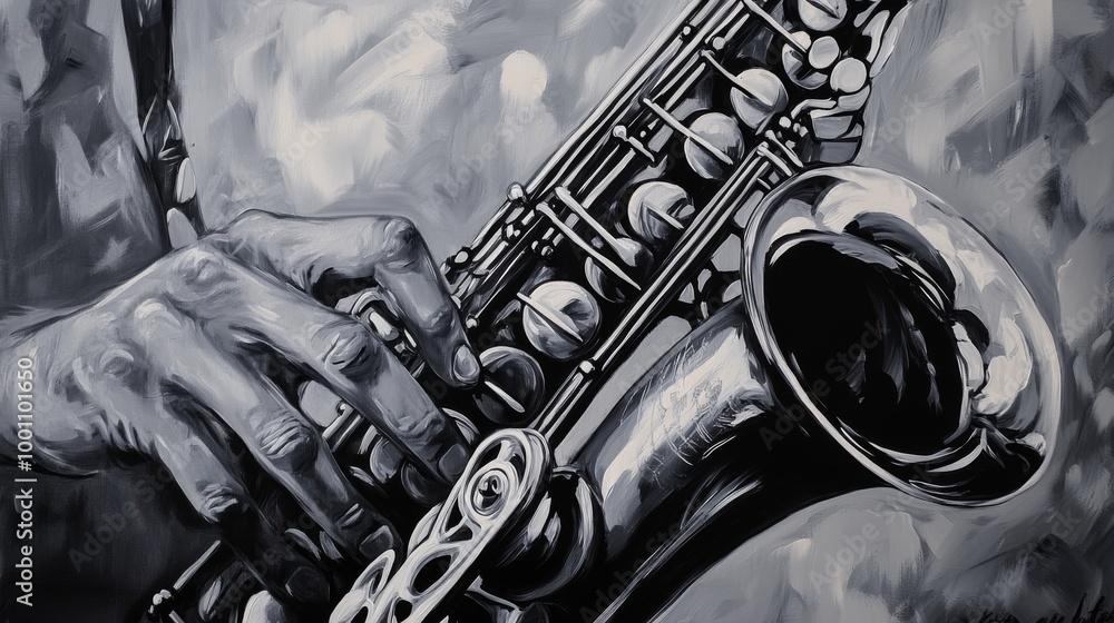 Obraz premium Closeup of hands playing saxophone, focusing on the details and textures of both the instrument and player's hands against a grey background.