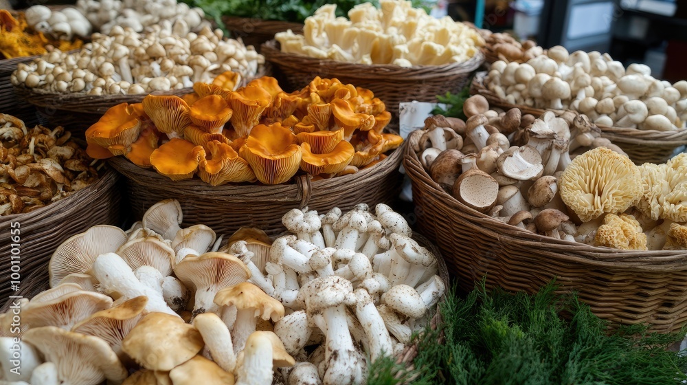 A diverse array of gourmet mushrooms in baskets, with their rich colors and unique textures highlighted against a bright and clean background. A diverse array of gourmet mushrooms in baskets, with their rich colors and unique textures highlighted against a bright and clean background.