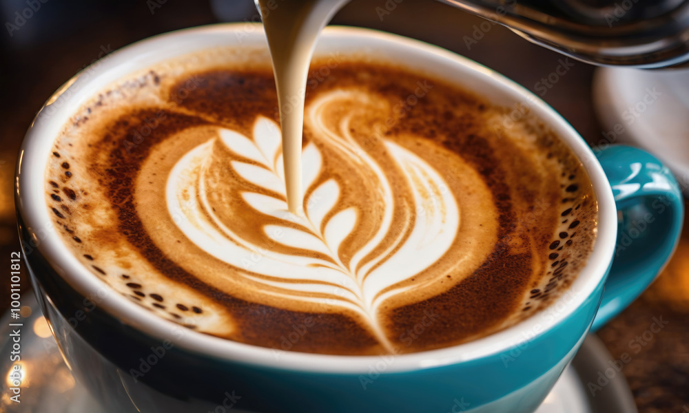 A barista pours steamed milk into a cup of coffee, creating a delicate leaf design in the foam A barista pours steamed milk into a cup of coffee, creating a delicate leaf design in the foam
