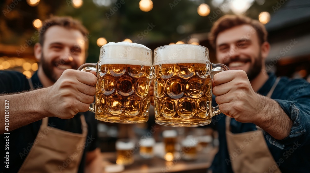 Two young men wearing aprons cheerfully clinking mugs filled with frothy beer, capturing a moment of friendship and celebration in a lively outdoor setting. Two young men wearing aprons cheerfully clinking mugs filled with frothy beer, capturing a moment of friendship and celebration in a lively outdoor setting.