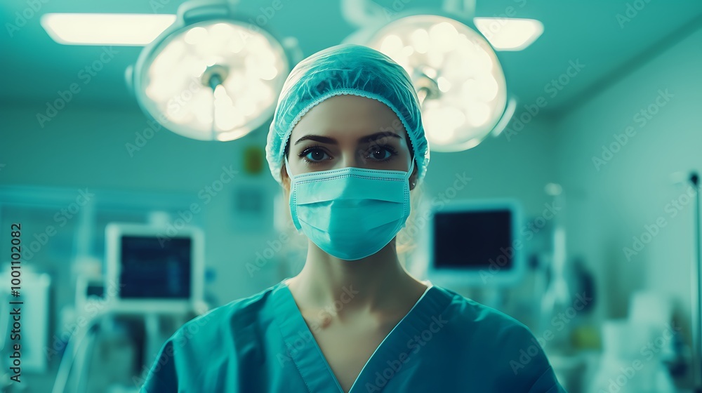 Portrait of a doctor with a face mask on, preparing surgical tools in a bright hospital operating room. Portrait of a doctor with a face mask on, preparing surgical tools in a bright hospital operating room.
