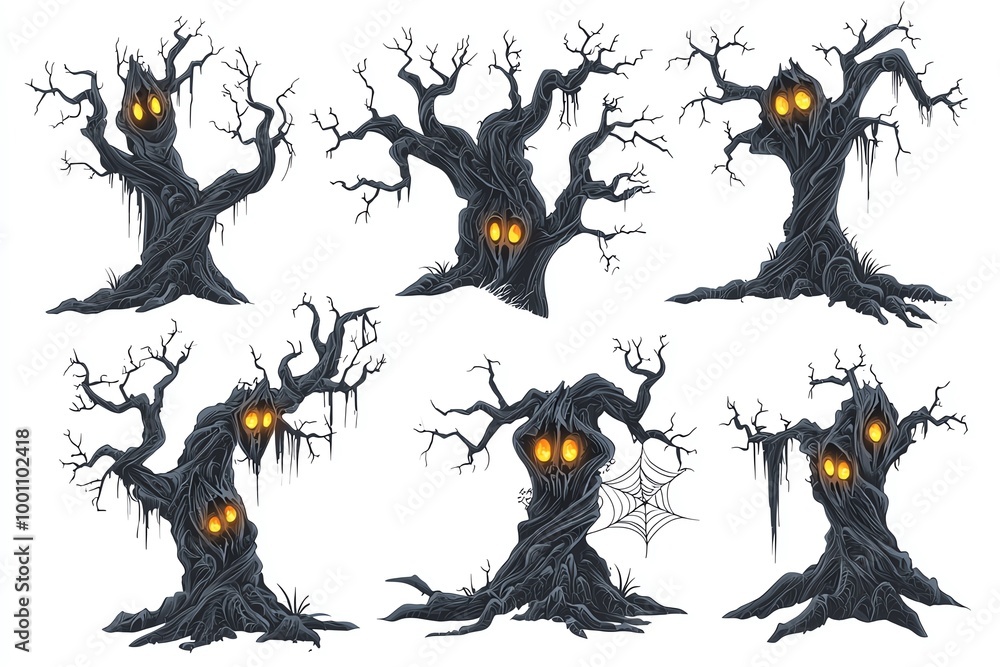 Fototapeta premium Spooky cartoon trees with glowing eyes, white isolate background