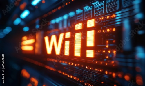 Next-Generation Wireless Technology: The concept of Wi-Fi 7 connectivity showcased through illuminated text on a dynamic, high-tech server background, Generative AI