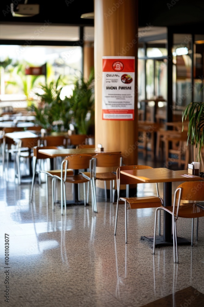 A modern dining area with wooden tables and chairs, surrounded by plants. A modern dining area with wooden tables and chairs, surrounded by plants.