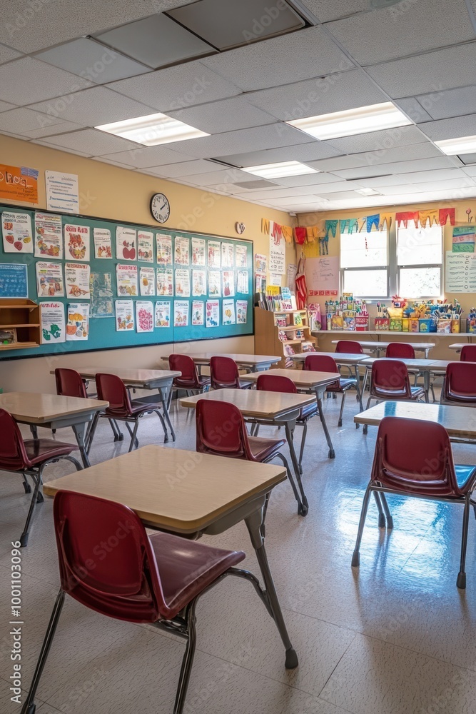 A bright classroom with desks, educational posters, and a welcoming atmosphere. A bright classroom with desks, educational posters, and a welcoming atmosphere.