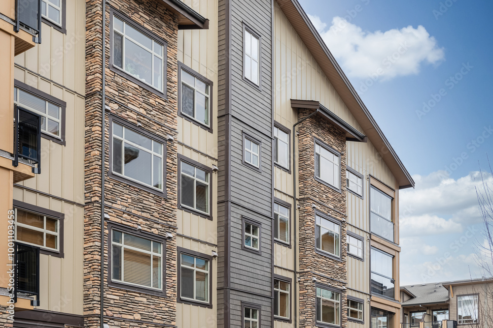 Obraz premium New Modern House Apartment Buildings in Vancouver BC. Canadian modern residential architecture. Real estate.