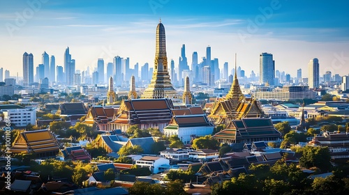 Panoramic View of Bangkok Skyline with Wat Arun Ratchawararam Ratchawaramahawihan Temple. photo