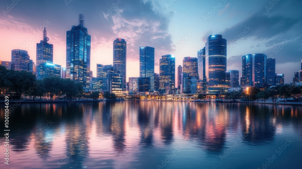 Naklejka premium Stunning Modern City Skyline at Dusk with Reflections on Water and Vibrant Sky
