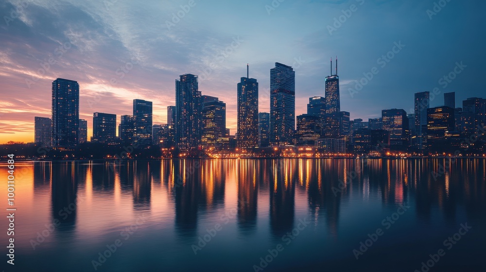 Stunning Urban Skyline at Dusk with Reflective Water and Vibrant Colors Stunning Urban Skyline at Dusk with Reflective Water and Vibrant Colors