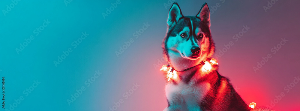 Obraz premium A majestic Siberian Husky draped in glowing Christmas lights