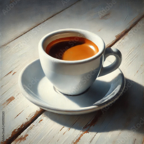 Cup of espresso on a rustic wooden table with soft lighting and warm shadows, highlighting the rich coffee tones and simple elegance