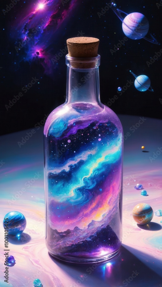 Bottle with a purple and blue swirl of paint on it Bottle with a purple and blue swirl of paint on it