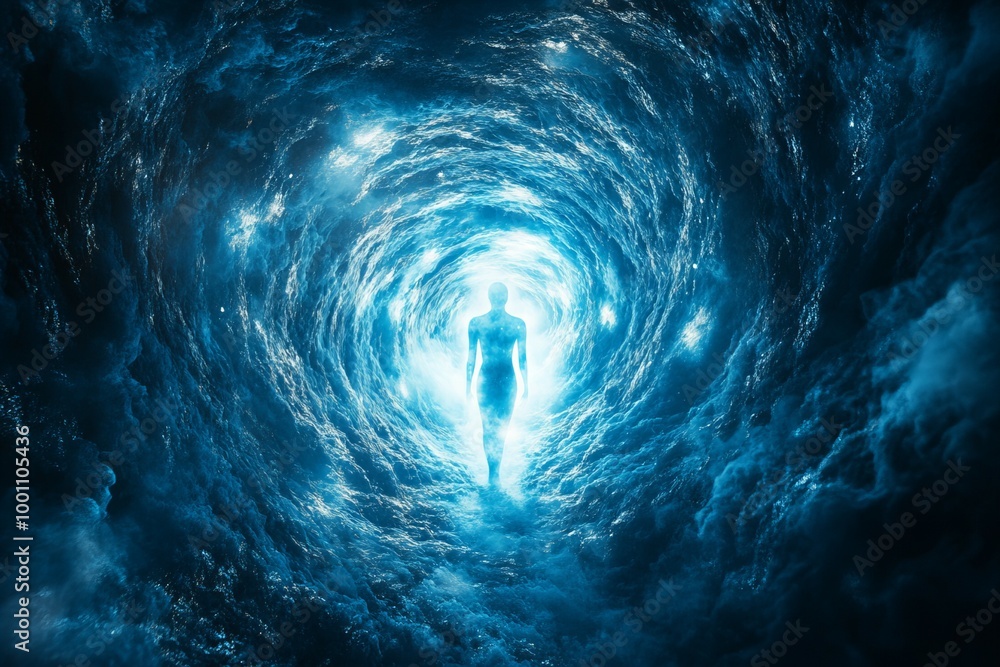 Mystical cosmic vortex with human silhouette symbolizing spiritual transformation in the vastness of the universe new beautiful stock image illustration AI Mystical cosmic vortex with human silhouette symbolizing spiritual transformation in the vastness of the universe new beautiful stock image illustration AI