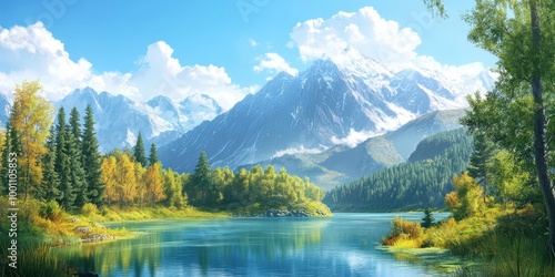 Serene mountain lake landscape with autumn foliage