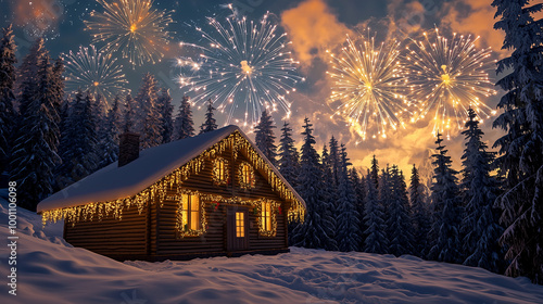 Cozy snow-covered cabin in a winter forest, decorated with Christmas lights. Fireworks light up the sky, creating a festive holiday scene, perfect for Christmas and New Year themes. photo