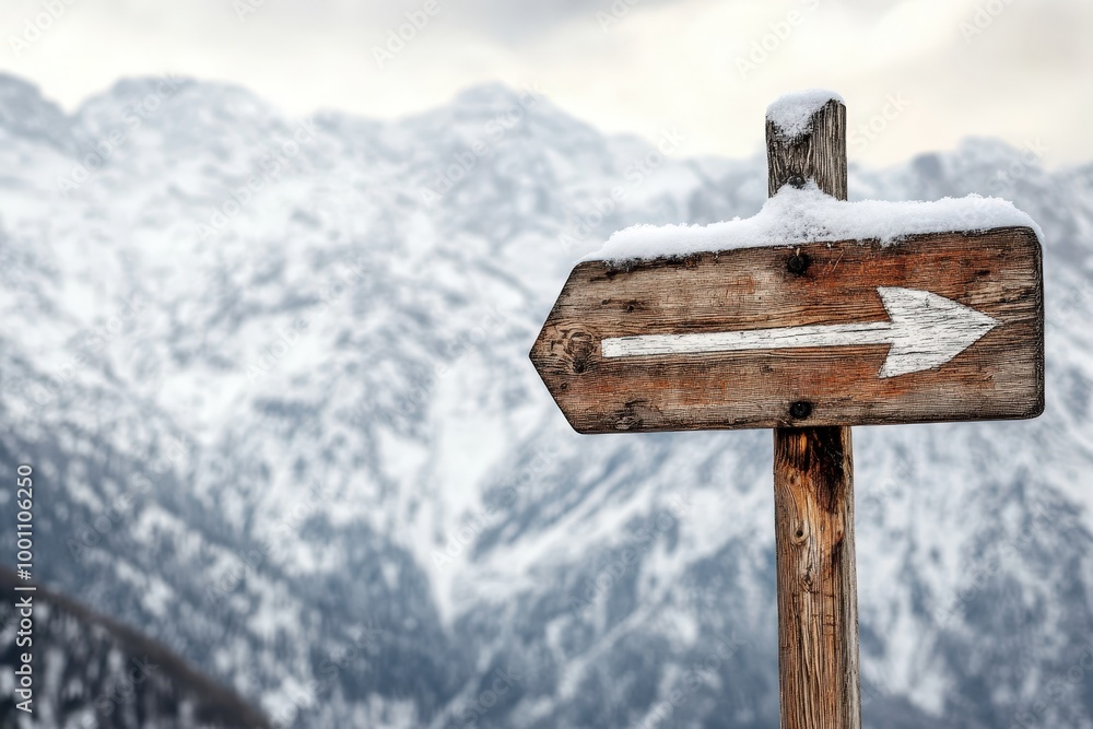 Naklejka premium Snowy mountain landscape with wooden signpost