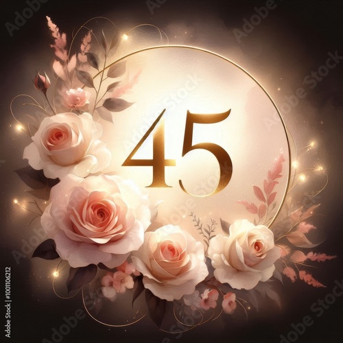 Elegant floral arrangement celebrating the number 45 with soft pink roses and golden accents.